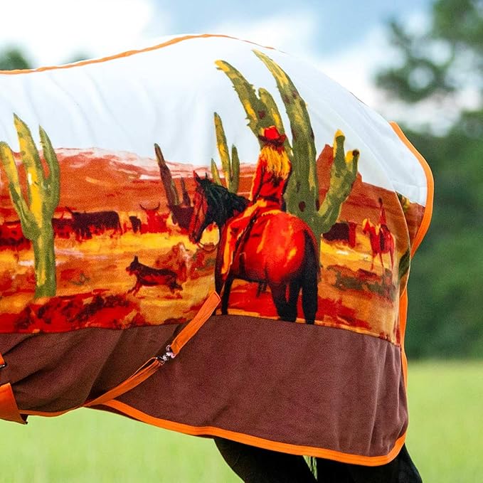 Jeffers Expression Fleece Cooler for Horses, Standard Neck, Cattle Drive 84"- Equine Towel Blanket, Moisture Absorbent, Light Weight, Best for Drying, Exercise, Bathing, Adjustable Belly Bands
