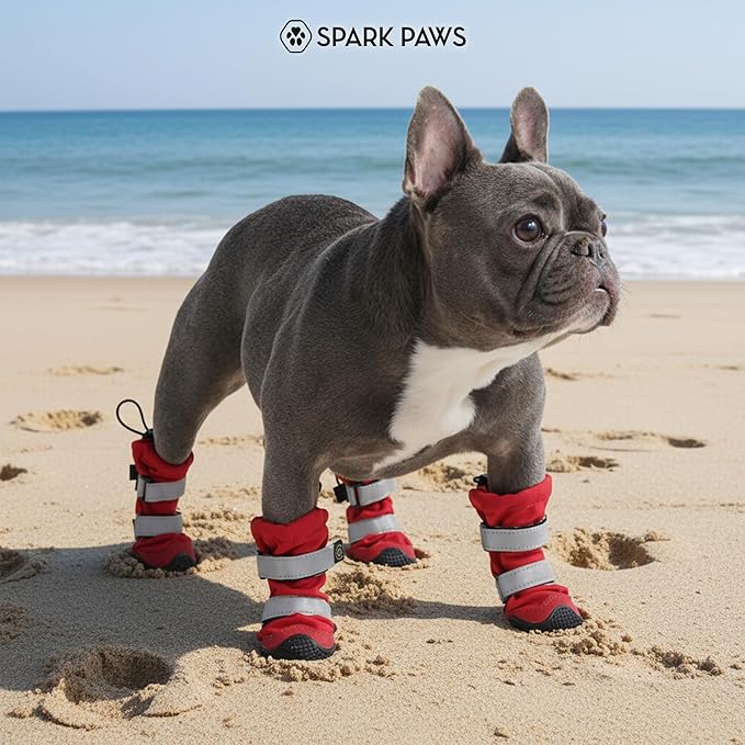 Spark Paws Dog Shoes, Waterproof Dog Boots for Medium to Large Dogs, Non Slip, Breathable Dog Booties and Paw Protectors - 4PCS Doggie Hiking Boots with Reflective Straps, Red, Size 7
