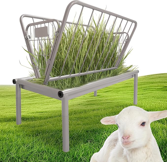 Kojem 4 Ft Long Livestock Feeder, Heavy Duty Steel Livestock 2 in 1 Grain & Hay Feeder, Outdoor Pasture Feeder with Feeding Pan for Goats, Sheep,Ponies, Cow, Horse for Farms, All Weather Feeder