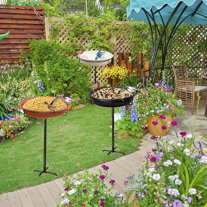 28In Freestanding Birdbaths Bowl Outdoor, Free Standing Garden Bird Bath Bird Feeder Bowl with Metal Stake, Detachable Decoration Spa Birdfeeder for Garden Patio Yard Lawn, 4 Spiky Feet (White)