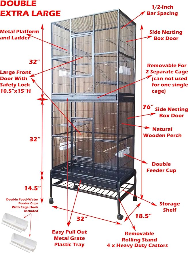 X-Large Double Stacker Wrought Iron Cage Bird Flight Parrot Breeding Breeder Cage Side Breeding Door Easy Clean Pull Out Tray Removable Rolling Stand Cockatiel Conure Canary Aviary Finches Budgies