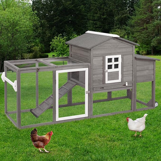 Wooden Chicken Coop Cage Outdoor Indoor Hen House with Nesting Box, Waterproof Roof, Removable Tray for Poultry Pets Enclosure Garden Backyard (Grey)