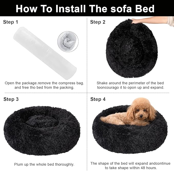 Dog Calming Beds for Small Medium Large Dogs - Round Donut Washable Puppy Dog Bed, Anti-Slip Faux Fur Fluffy Donut Cuddle Anxiety Cat Pet Bed(24'' Black)