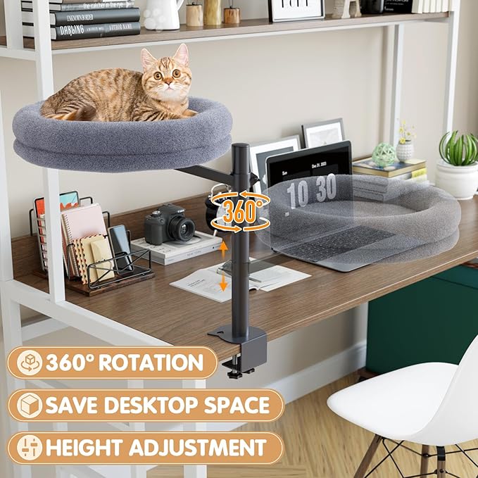 Cat Desk Bed Desktop Large Nest-Sturdy Dual Clamps Supports Up to 50 lbs,360° Adjustable Desktop Cat Perch with Soft Faux Fur Cover,Elevating Hammock for Home Office