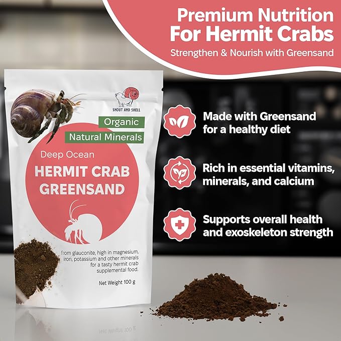 Hermit Crab Greensand Supplement – Calcium and Trace Mineral Molting Support – Non-GMO, Auto Feeder Friendly, Inert Powder Formula – Natural, USA-Sourced Nutrients – Compatible with All Crabitats