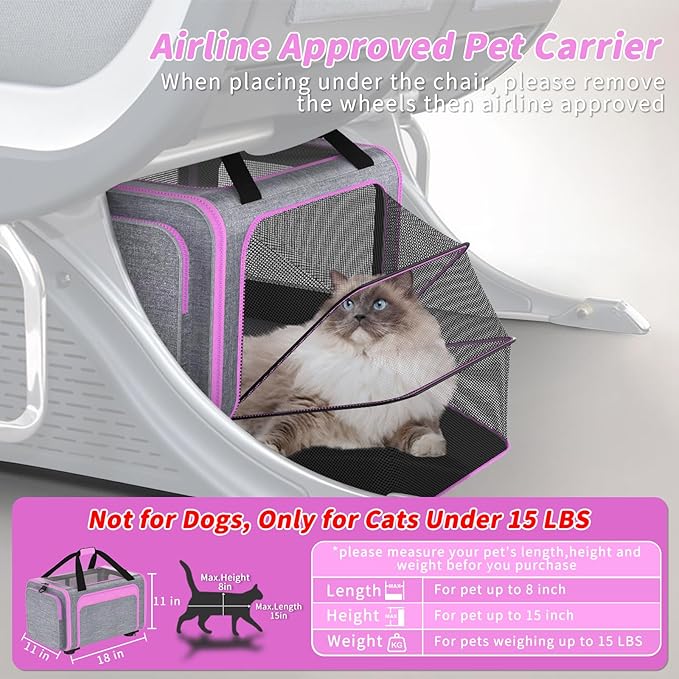 Pet Carrier with Detachable Wheels, TSA Airline Approved Rolling Cat Carrier for Small Dogs and Cats up to 15Lbs, Sturdy Frame & Smooth 360° Wheels for Travel & Vet - 18" L x 11" W x 11"