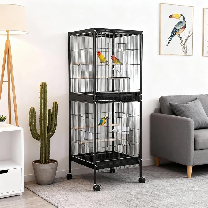 55 inch Wrought Iron Bird Cage Double Stackable Metal Cage w/Play Open Top and Rolling Stand with Pull Out Tray for a Canary Finch