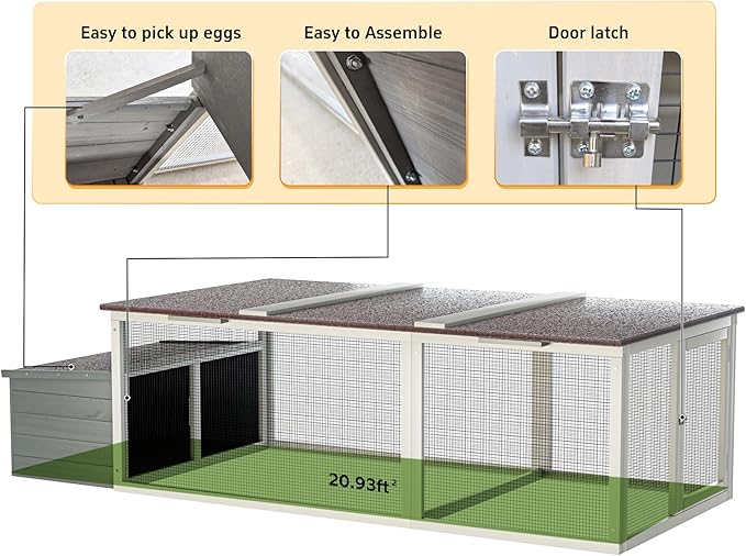20.93ft² Large Wooden Chicken Coop with Run and Nesting Box – Outdoor Hen House with Weatherproof Asphalt Roof, Secure Wire Enclosure & Easy-Clean Design for 3–4 Chickens Gray