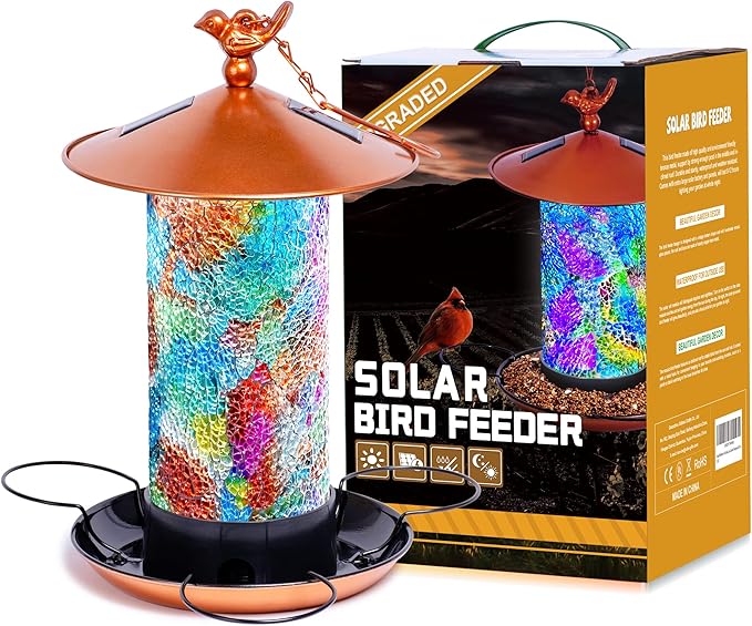 Ottsuls Mosaic Solar Bird Feeder for Outdoors Hanging, Waterproof Lantern Shape with S-Hook & 4 LED Lights, Garden Decor for Lawn, Patio, Balcony, Yard - Unique Gifts for Bird Lovers