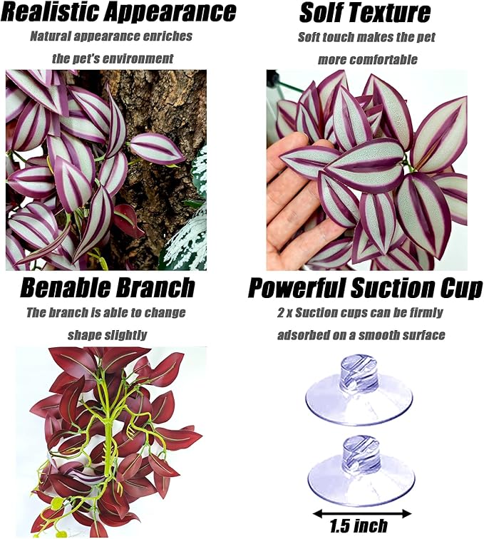 Woyrise Reptile Plants, Terrarium Hanging Plant Vines, Artificial Leaves with Suction Cup, Bearded Dragon Tank Accessories for Gecko Lizard Snake Frog Tortoise Decorations - Purple Zebrina
