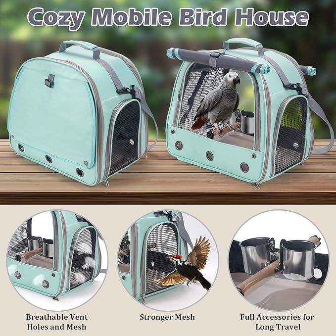 Bird Carrier Parrot Travel Cage with Perch, Food Bowl, Tray and Breathable Clear Window, Bird Travel Bag for African Gray Cockatiel Caique Conure Quaker, for Vetting Camping Hiking (Blue)