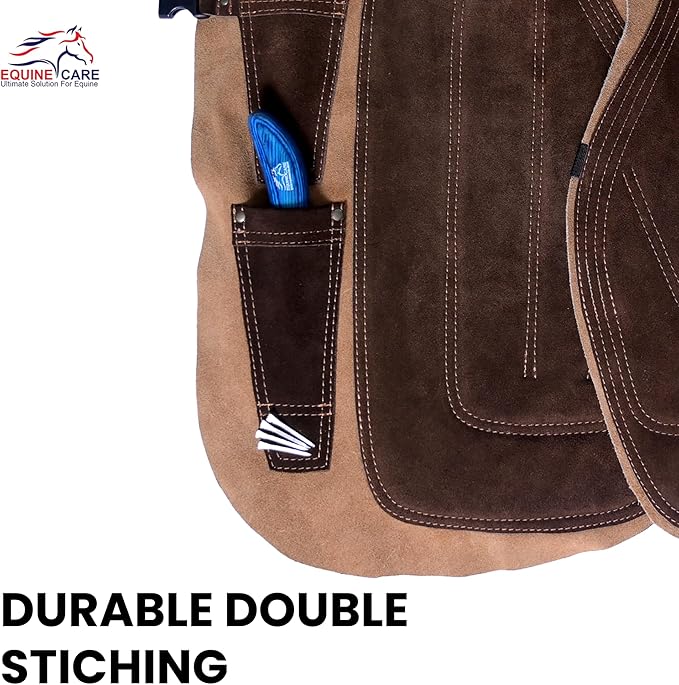 Equine Care Farrier Apron Chaps – Cowhide Suede Leather, Foam Padded Thigh and Back Support, Adjustable Waist, Tool Pockets, Magnetic Nail Holders (25 inches (65 cm))