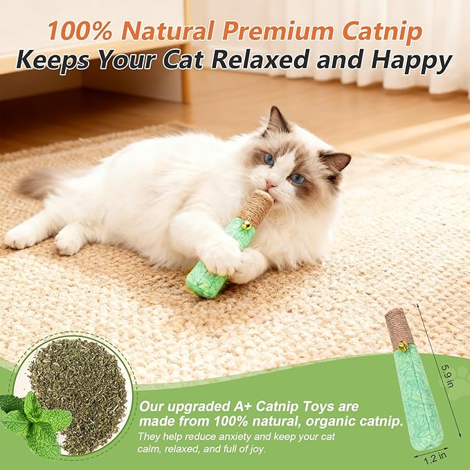 3 Pack Catnip Toys for Cats, Funny Cat Toys with Dental Rope & Fun Bell,100% Pure Organic Catnip Toys,Bite-Resistant Kitten Teething Chew Toys,Anxiety Relief Kicker Toys for Indoor Cats