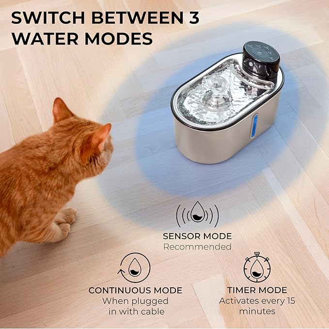 Wireless Cat Water Fountain Stainless Steel 108oz/3.2L, Cordless, Battery Operated Cat Fountain (Last up to 50 Days), Ultra Quiet, 2 Flow Modes, Multi-Filtration, BPA Free, Includes 2 Filters - Creamy