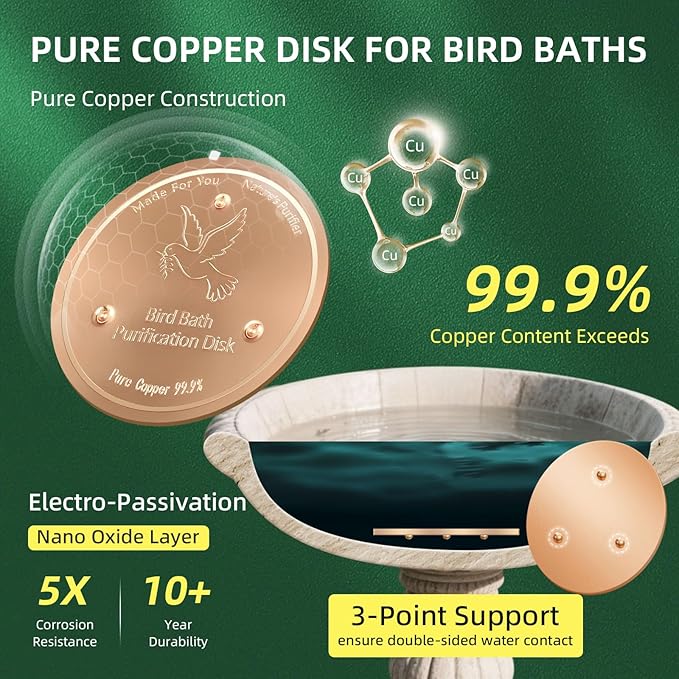 2 pack Copper Disk, 99.9% Pure Copper disk for bird bath, horses, Cattle Water Trough,Waterfall Fountain, Universal Fit for birds bowls and water troughs for livestock, Purify Water Year Round