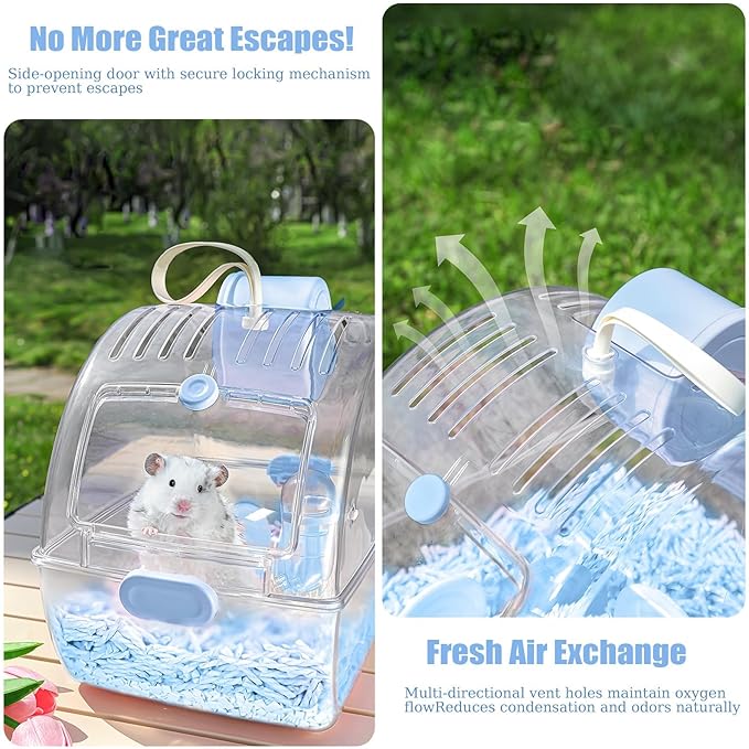 Small Portable Hamster Cages,13×8.2×10.8 Inch Hamster Carrier with Water Bottle,Dwarf Hamster Travel Cage with Storage Box,360º Transparent Acrylic Pet Travel Carrier,Mouse Gerbil Cage(Blue)