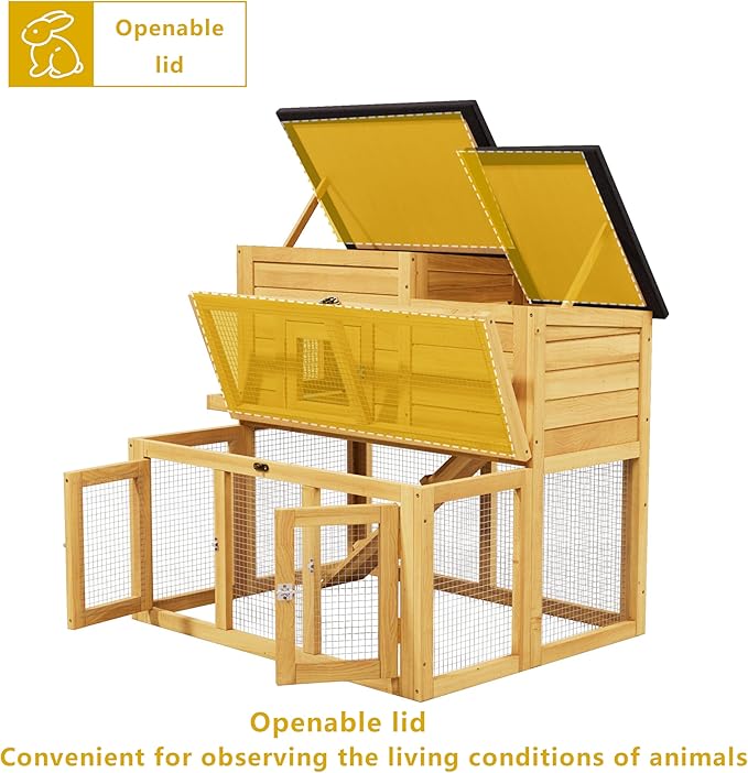 Outdoor Bunny Cage 2-Tier Rabbit Hutch & Chicken Coop with Wire Run, Wooden Poultry House with Pull-Out Tray, Waterproof Rabbit Hutch for Outside (Yellow)
