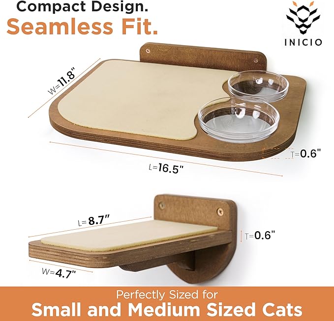 INICIO Cat Shelves – Dog Proof Feeding Station with Wall Mounted Shelves, 3 Steps for wall with Floating Shelf for Cats Up to 15lbs, Includes Attached Cat Food Bowl for Convenient Feeding – Brown