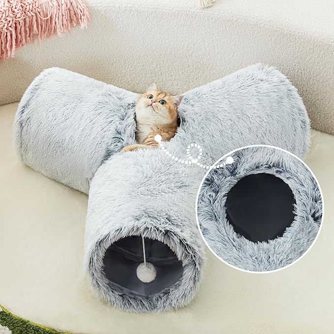 Tempcore Plush Pet Cat Tunnel Tube Cat Toys 3 Way Collapsible, Tunnels for Indoor Cats，Kitty Tunnel Bored Pet Toys Peek Hole Toy Ball Puppy, Kitty, Kitten, Rabbit Light Grey