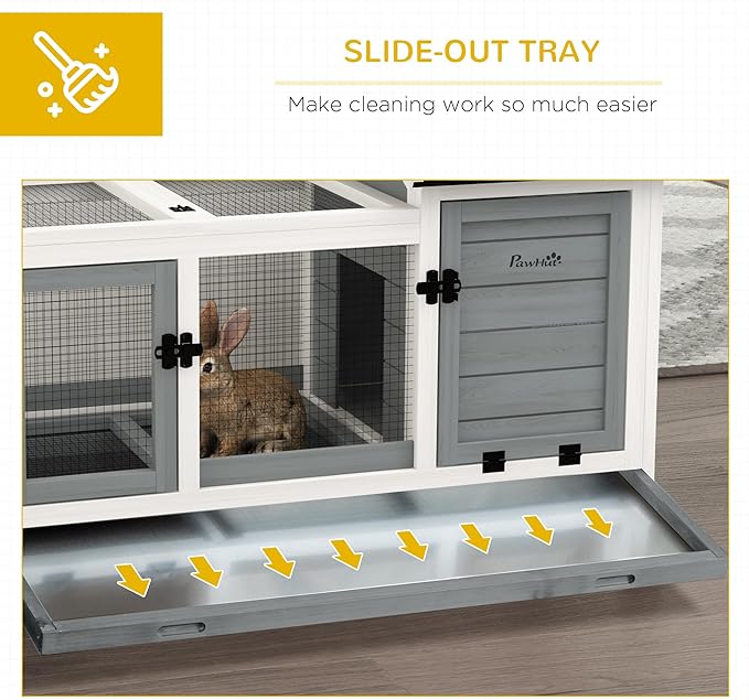 PawHut Wooden Rabbit Hutch with Wheels, Indoor Outdoor Large Bunny Hutch with Run & Slide-Out Tray for Small Animals, Rabbits, Chickens, Ducks, Guinea Pig, Gray