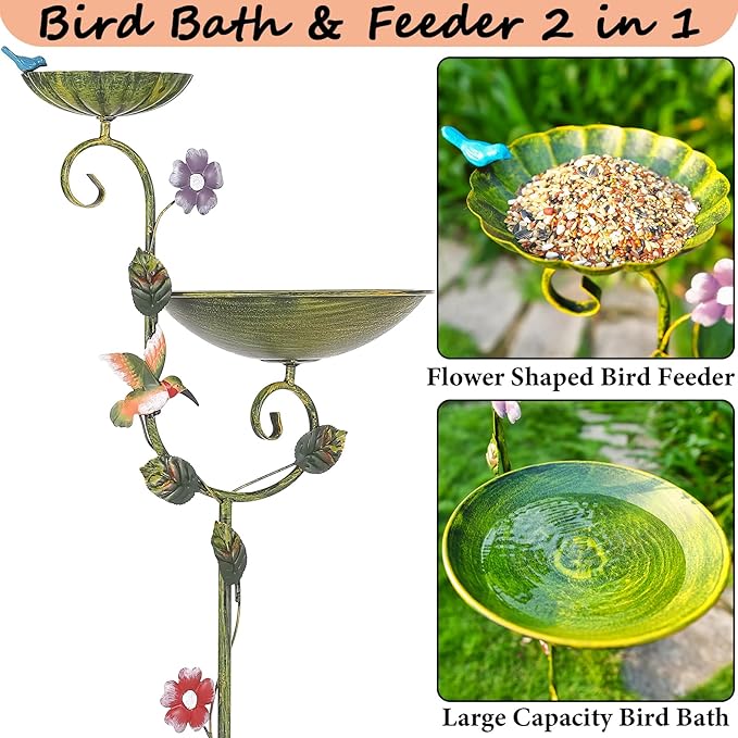 Bird Baths for Outdoors, 58" Tall Free Standing Bird Bath and Feeder Combo, Metal Birdbath with 5-Prong Stake for Outside, Decorative 2 in 1 Birdbaths Feeders for The Garden Yard Lawn