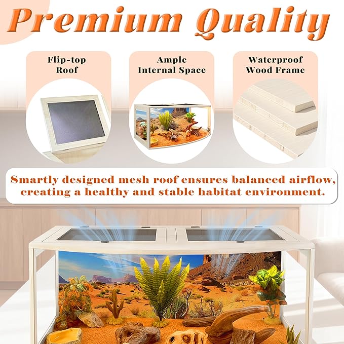 PROLEE Bearded Dragon Tank, Curved Reptile Enclosure with 3-Side Clear Acrylic Panels, Spacious Lizard Tank with Metal Mesh Top and Lockable Door for Reptile Habitat (Oak, 40" Length,60 Gallons)