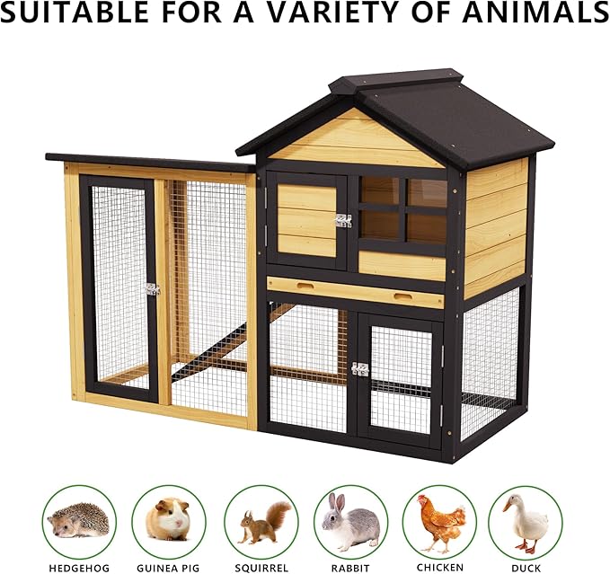 Outdoor Chicken coops for 2-4 Chickens Wooden with Waterproof Asphalt Roof, Ramp, and Multiple Doors Openable Top Pull-Out Tray Suitable for Outdoor Backyard (Yellow Black)