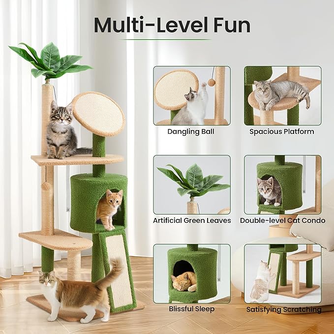 Erinnyees 57" Coconut Cat Tree for Indoor Cats, Multi Level Cat Tower with Plush Condo, Spacious Platform, Sisal-Covered Scratching Posts, Cat Activity Center with Hang Ball Toy, Pet Furniture, Green