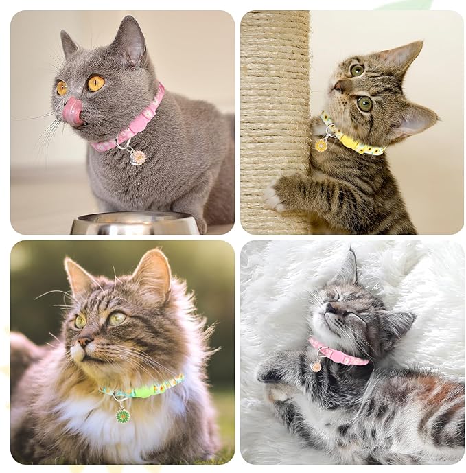 Cat Collars for Girl Cats, 3 Pack Spring Flower Cat Collars Breakaway with Bell for Outdoor Indoor Kitten, Cute Collar with Safety Buckle Adjustable 8"-12" for Kitty Puppy Small Pets, Floral
