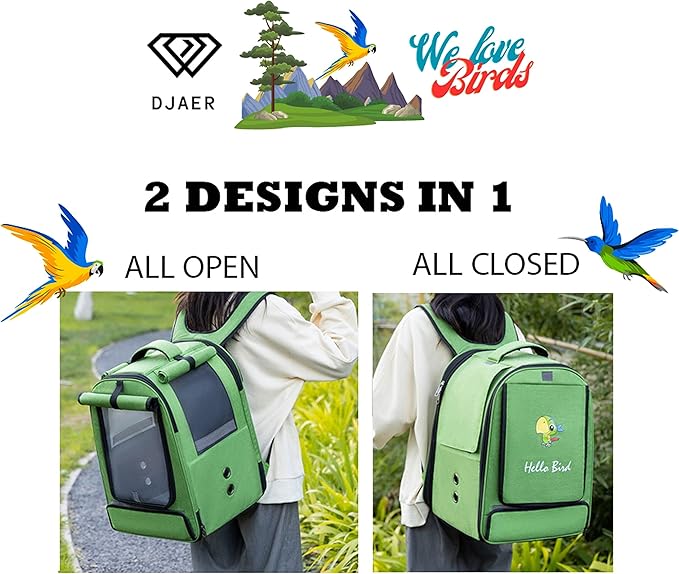 Bird Backpack Travel Cage for Cockatiel, Parrot, Parakeet With 2 Bowls Tray and Standing Perch - African Grey Carrier for Large and Small Birds (Green)