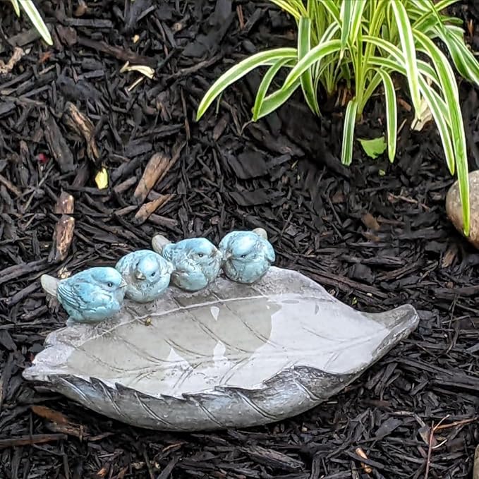 Bird-Feeder Wild Bird-Bath Bowl Outdoors - Garden Decor Polyresin Birds on Leaf 12.4 * 7.5 * 4.1 Inch-Newman House Studio