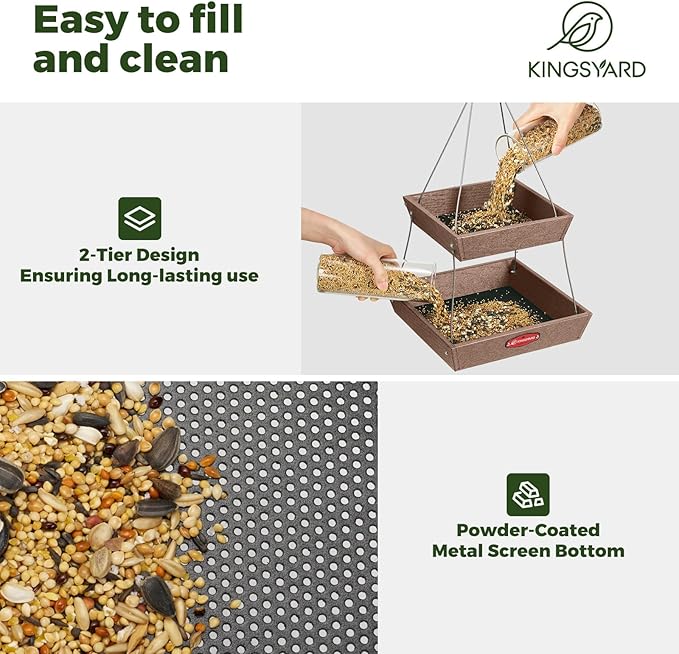 Kingsyard 2 Tier Large Platform Bird Feeders for Outdoors Hanging, 5 lbs Capacity Recycled Plastic Flat Mealworm Bird Feeder Tray, Garden Decoration Attracting Cardinal Blue Jay, Brown