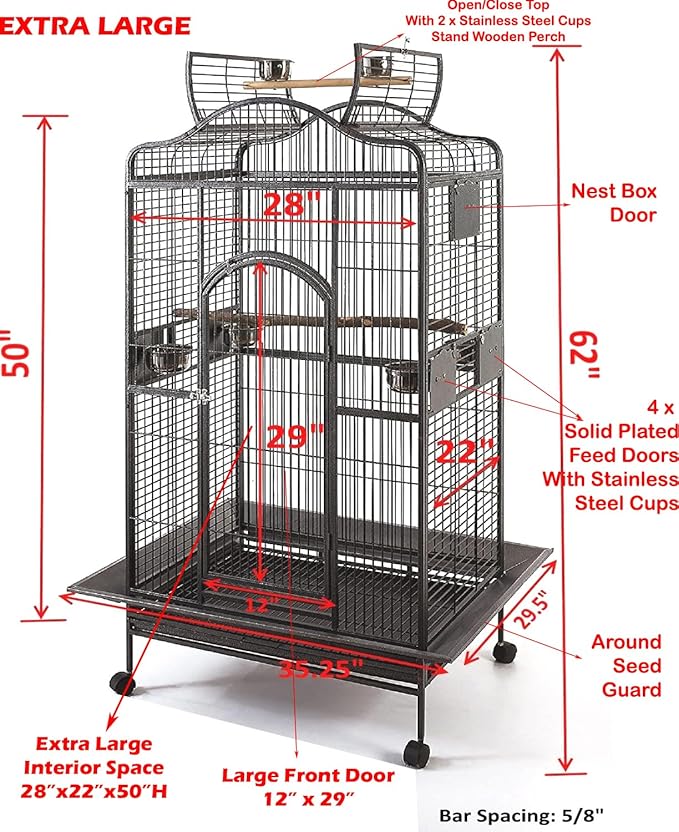 Extra Large Elegant Wrought Iron Open/Close Dome Top Perch Stand Bird Parrot Finch Macaw Cockatoo Rolling Cage (BlackVein, 35.5" W x 29.5" D x 62" H)
