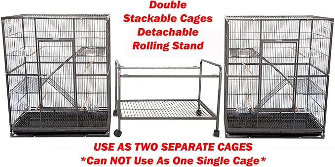 Large Double Durable Stacker Breeding Bird Flight Parrrot Separate Cages Side Nesting Box Doors Double Feeder Cup Easy Clean Pull Out Grate & Tray with Detachable Rolling Stand