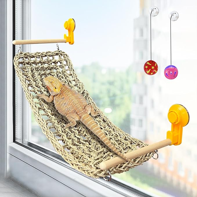 VCEPJH Bearded Dragon Hammock Large Reptile Window Perch Seagrass Climbing Tank Accessories Lizard Lounger Bed with Powerful Suction Cups Bearded Dragon Toys for Gecko Chameleon Basking (19.68 * 7.87)