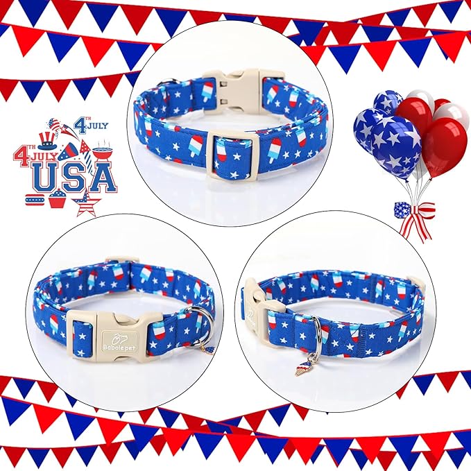 4th of July Dog Collar, Summer Popsicle Patriotic Dog Collars for Small Dogs, Adjustable Lightweight Quick-Release Buckle Collar for Boy&Girl Dogs S