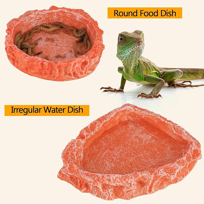 Reptile Water Dish Food Bowl for Bearded Dragon Tank Accessories, Hyggerzoo Reptile Rock Feeder for Tank 2 Pack Corner Resin Terrarium Bowl for Leopard Gecko Hermit Crab Tortoise Snake, Orange