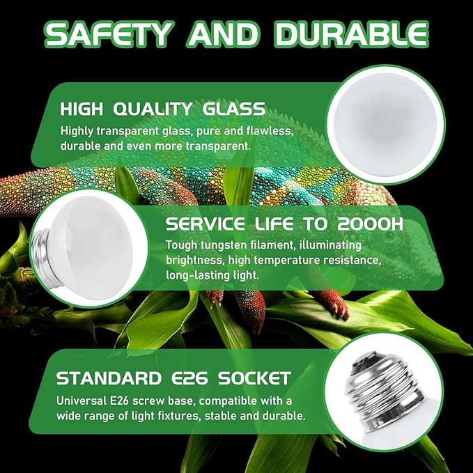 Reptile Heat Lamp Bulbs, UVA Reptile Heat Bulb 2 Pack, 25 Watt Heat Light Bulbs, Daylight Basking Spot Light for Lizard, Bearded Dragon, Snake, Gecko