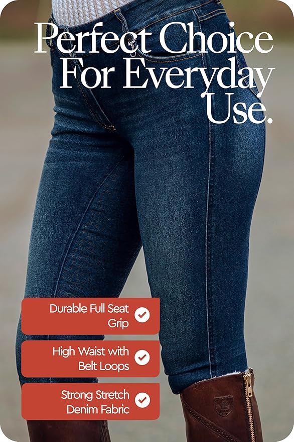 HORZE Kaia Womens Denim Horse Riding Pants | High Waist Silicone Full Seat Breeches | Accurate Size Chart