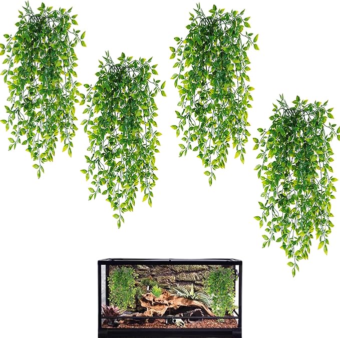 HERCOCCI Reptile Plants, 4 Pack Terrarium Hanging Plants Vines Artificial Leaves Habitat Decorations with Suction Cup for Bearded Dragon Hermit Crab Lizard Snake Geckos Chameleon