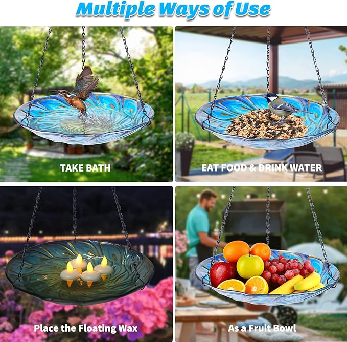 MUMTOP 11 inch Hanging Bird Bath Glass BirdBath Peacock Outdoor Birdfeeder for Garden Yard Decoration