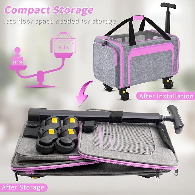 Pet Carrier with Detachable Wheels, TSA Airline Approved Rolling Cat Carrier for Small Dogs and Cats up to 15Lbs, Sturdy Frame & Smooth 360° Wheels for Travel & Vet - 18" L x 11" W x 11"