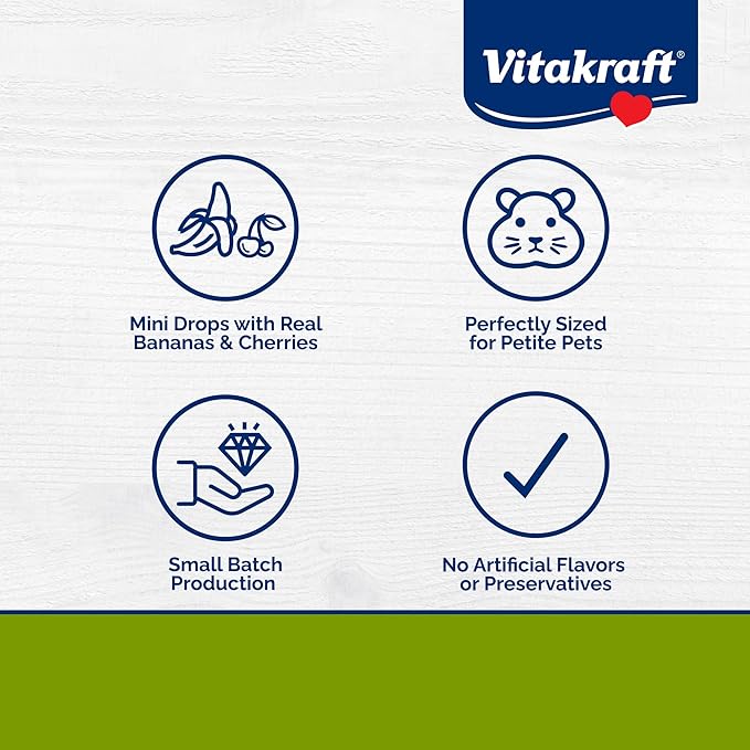 Vitakraft Drops Mini Banana & Cherry Flavor Dwarf Hamster, Rat, and Mouse Treat, 2.5 oz, Multi