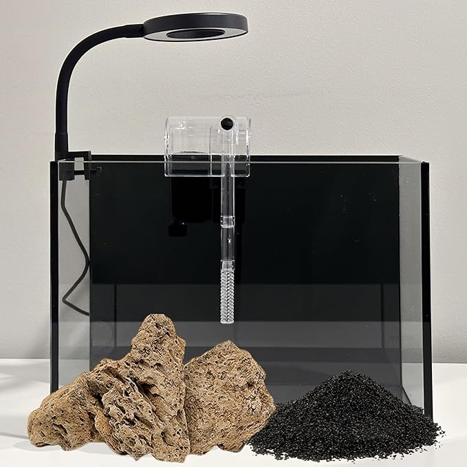 Nano Aquarium kit, Small Betta Fish Aquarium, 2.2 Gallon Rimless Glass Fish Tank with Filter, Light, and Aquascaping Decorations (Black, Complete)
