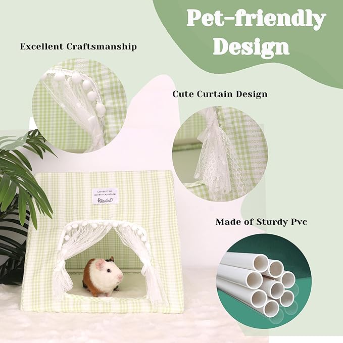 Guinea Pig Hideout Large with Curtain, Bunny Hideout, Machine Washable Guinea Pig Hide Tent Houses & Habitats, Small Animal Hideout for Pet Rabbit, Ferret, Rat, Chinchilla, Squirrel (Grid, Large)