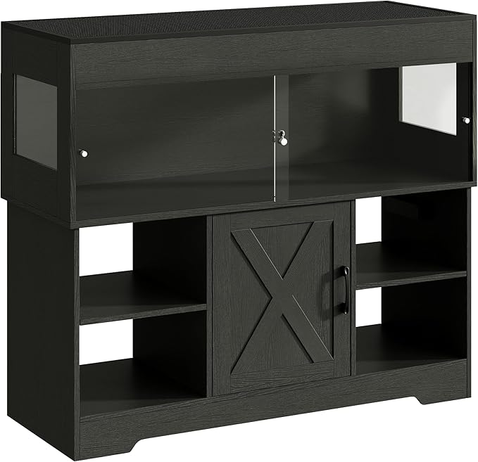60 Gallon Reptile Tank with Stand, Terrarium Tank with Storage Cabinet, for Lizards, Skinks, Snakes, Sliding Acrylic Doors, Mesh Top, Built-in Power Outlet Black PX02RTB