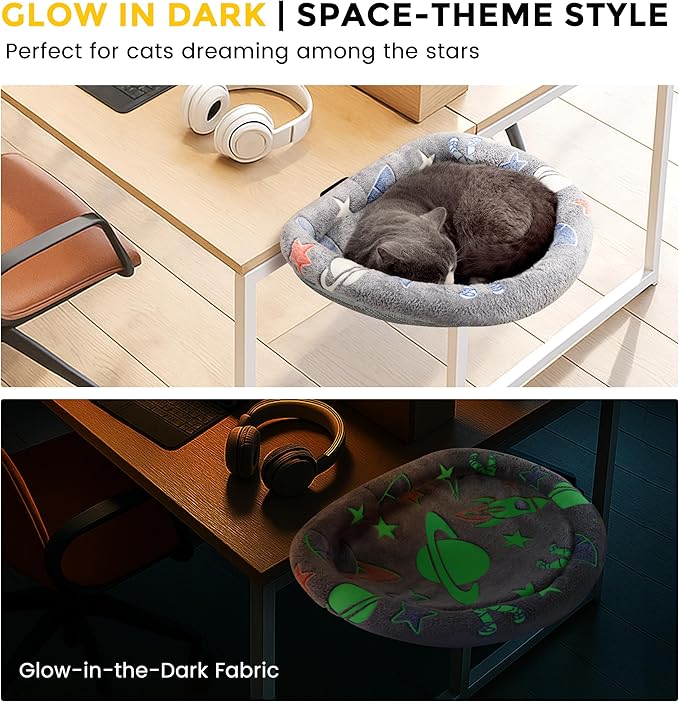 Cat Desk Bed Hammock, Heavy-Duty Metal Frame and Clamp Support up to 40 lbs, Glow in The Dark Fabric, Sunken Design, Foldable and Washable, Indoor Cat Furniture for Office, Game Tables