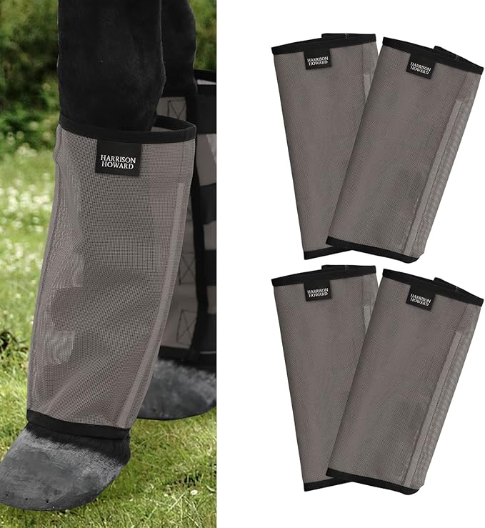 Harrison Howard Loose Fitting Fly Boots UV-Protective Extra Tough Mesh Ventilated Four Fasteners Stay-on Design Protect Horse Legs & Stomp-Reducing Set of 4 Dark Grey Pony