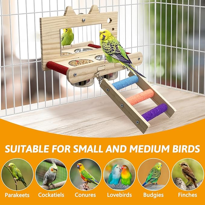Tfwadmx Bird Food Stainless Steel Cups Wooden Perch Stand with Ladder Hanging Feeder Bowls Feeding and Watering Supplies for Parakeets Conures Cockatiels Budgie Parrot