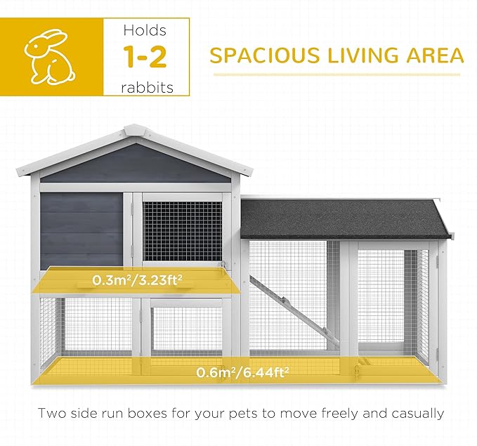 PawHut 58" Large Rabbit Hutch Outdoor Indoor, Wooden Bunny Hutch, Guinea Pig Cage with Run, Removable Tray, Asphalt Roof, Lockable Doors and Ramp, for 1-2 Small Rabbits, Gray